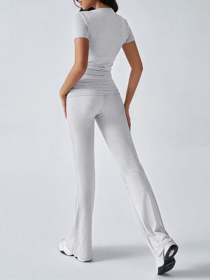 Women's Sexy Tops Suits 2025 Summer Latest Casual Solid Color Yoga Suit Slim Fit Sports Short Sleeved Pants Two-Piece Set Outfit