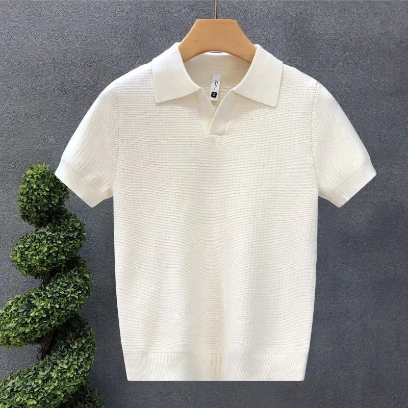 Casual Knitted Polo Shirt Men's Short Sleeve Cuban Collar T-Shirt Summer Fashion Individualistic Turn-down Collar Male Top