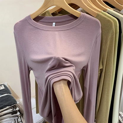 Fashion Long Sleeved T-shirt Women's Solid O-Neck Ice Silk Bottoming Shirt Spring Autumn New Pullover Simple Casual Tops