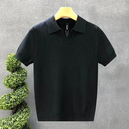 Casual Knitted Polo Shirt Men's Short Sleeve Cuban Collar T-Shirt Summer Fashion Individualistic Turn-down Collar Male Top