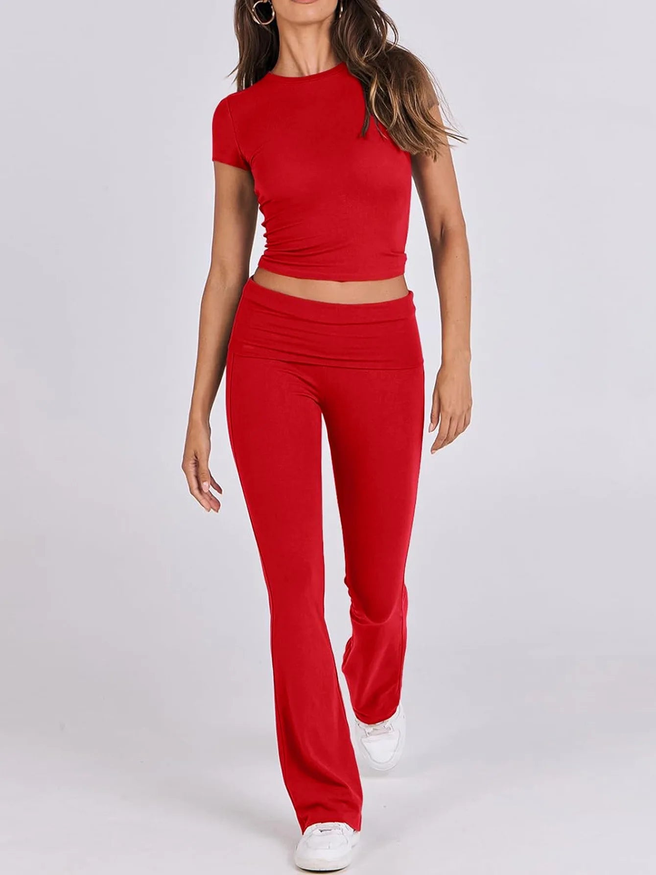 Women's Sexy Tops Suits 2025 Summer Latest Casual Solid Color Yoga Suit Slim Fit Sports Short Sleeved Pants Two-Piece Set Outfit