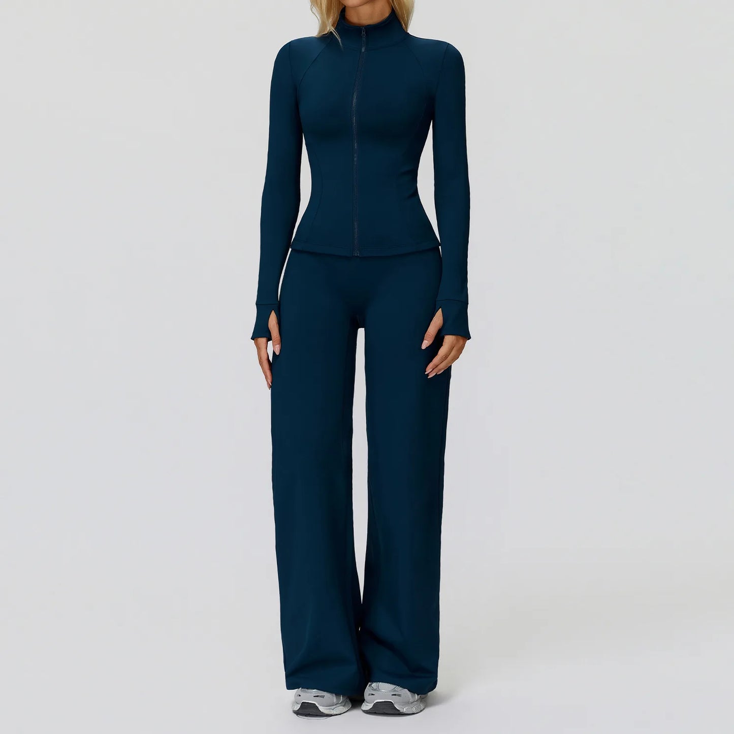 2Pcs Women's Long Sleeve Sports Jacket Zipper Gym Suit Outdoor Sportswear Yoga Workout Two-Piece Fitness Set Female Outfit