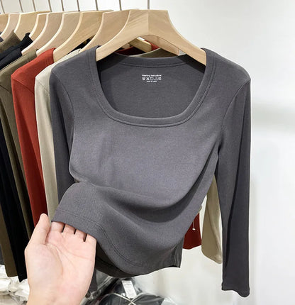 Fashion Square Collar Long Sleeve T-shirt for Women 2025 Spring Autumn New Slim Short Tops Solid Casual Thin Bottoming Shirt