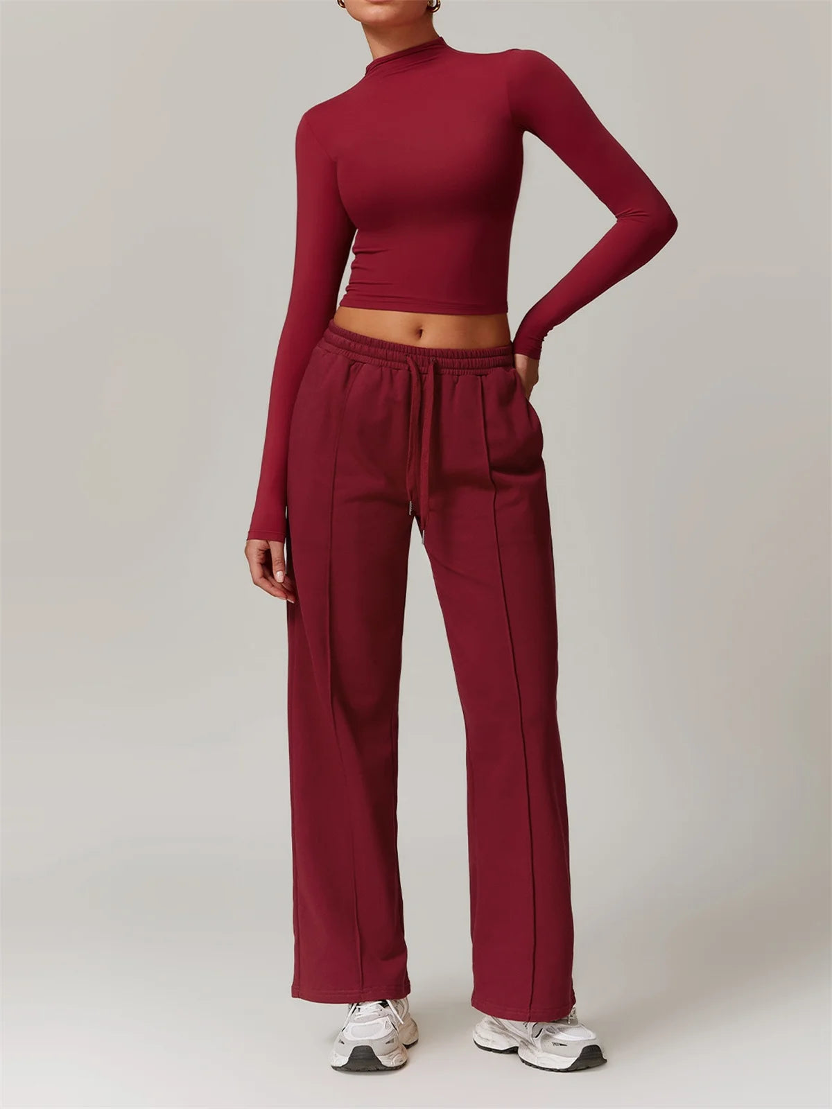 Women Clothes Yoga Set Long Sleeve High Neck Slim Shirt Top with High Waist Drawstring Sweatpants Sport Gym Running Fitness Suit