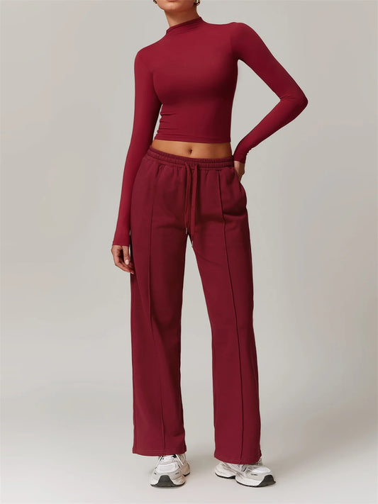 Women Clothes Yoga Set Long Sleeve High Neck Slim Shirt Top with High Waist Drawstring Sweatpants Sport Gym Running Fitness Suit