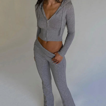 Ribbed Knit Tracksuit – Slim Hooded Crop Top & High-Waist Flare Pants (2-Piece Set)