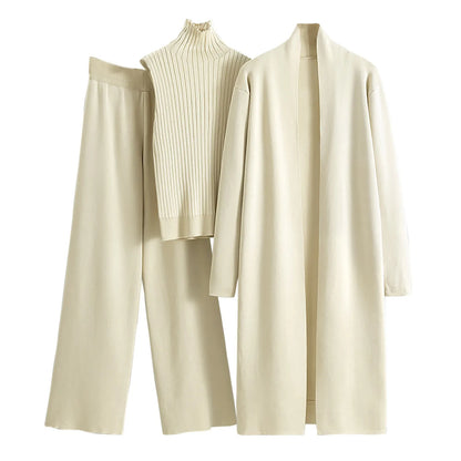 Ladies 3 Piece Outfits Sweater Sets Pullover Crop Top & Knitted Long Cardigan & Wide Leg Pants Suits Autumn Clothes Sets
