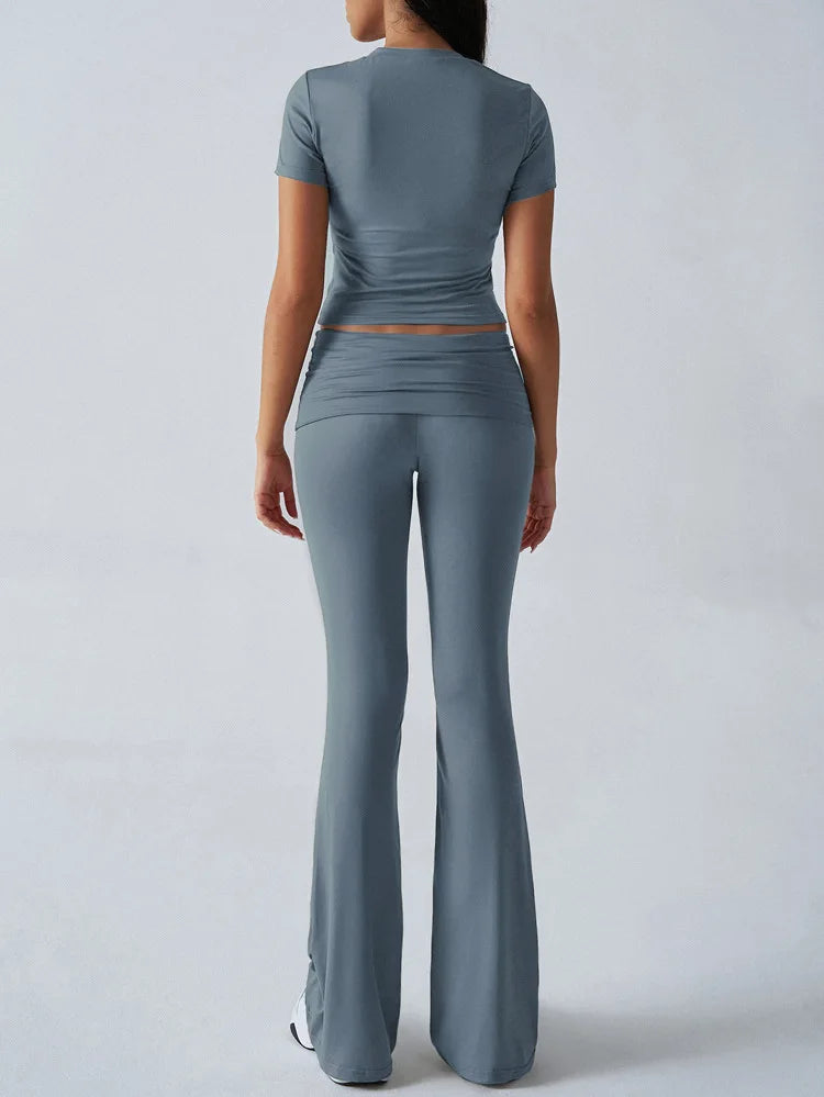 Women's Sexy Tops Suits 2025 Summer Latest Casual Solid Color Yoga Suit Slim Fit Sports Short Sleeved Pants Two-Piece Set Outfit