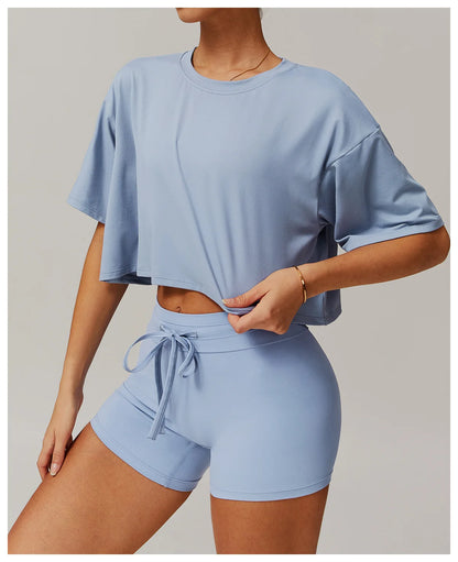 Loose Yoga Top Women Short Sleeve Gym Top Quick Dry Running Sports Shirt Fitness Woman Athletic Cropped Tops Push Up Active Wear