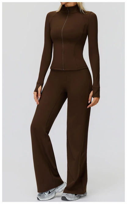 2Pcs Women's Long Sleeve Sports Jacket Zipper Gym Suit Outdoor Sportswear Yoga Workout Two-Piece Fitness Set Female Outfit