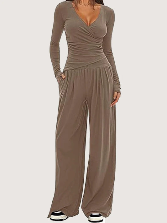 Off Duty Wide-Leg Lounge Set – Long Sleeve & High-Waist Pants (2-Piece Casual Set)