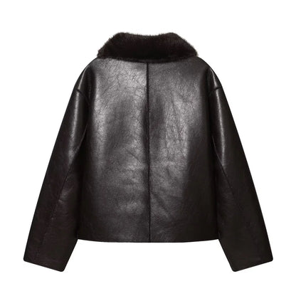 Women's Jacket 2025 Autumn/Winter New Arrivals Dark Brown Long-Sleeve Faux Leather Reversible Jacket Stylish and Unique