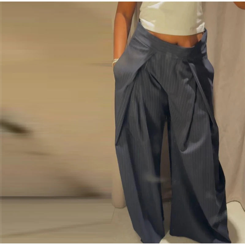 Fashion Chic Irregular Striped Long Pants For Women High Waist Loose Trouser 2025 Autumn Winter Fashion Female Daily Casual Pant