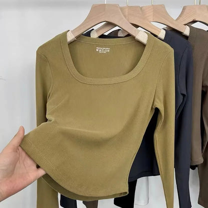 Fashion Square Collar Long Sleeve T-shirt for Women 2025 Spring Autumn New Slim Short Tops Solid Casual Thin Bottoming Shirt