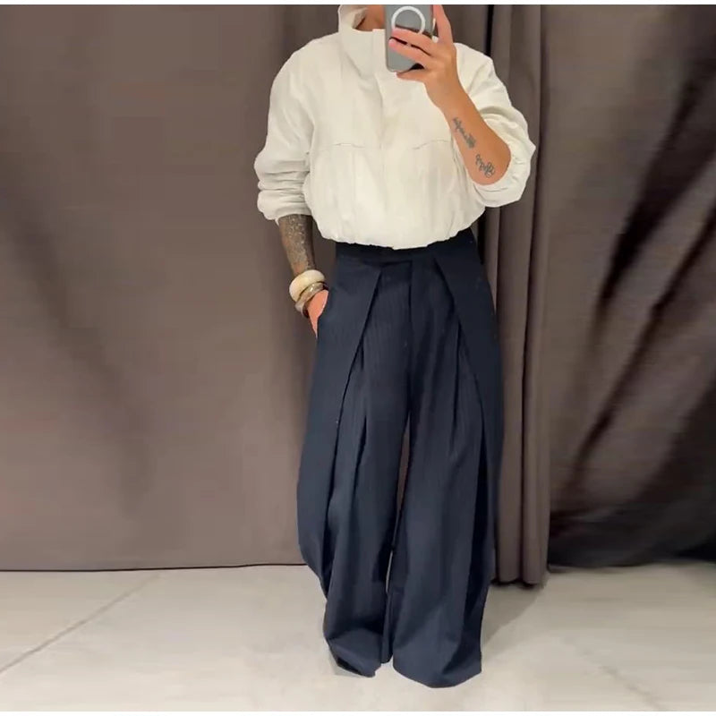 Fashion Chic Irregular Striped Long Pants For Women High Waist Loose Trouser 2025 Autumn Winter Fashion Female Daily Casual Pant