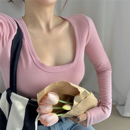 Fashion Square Collar Long Sleeve T-shirt for Women 2025 Spring Autumn New Slim Short Tops Solid Casual Thin Bottoming Shirt