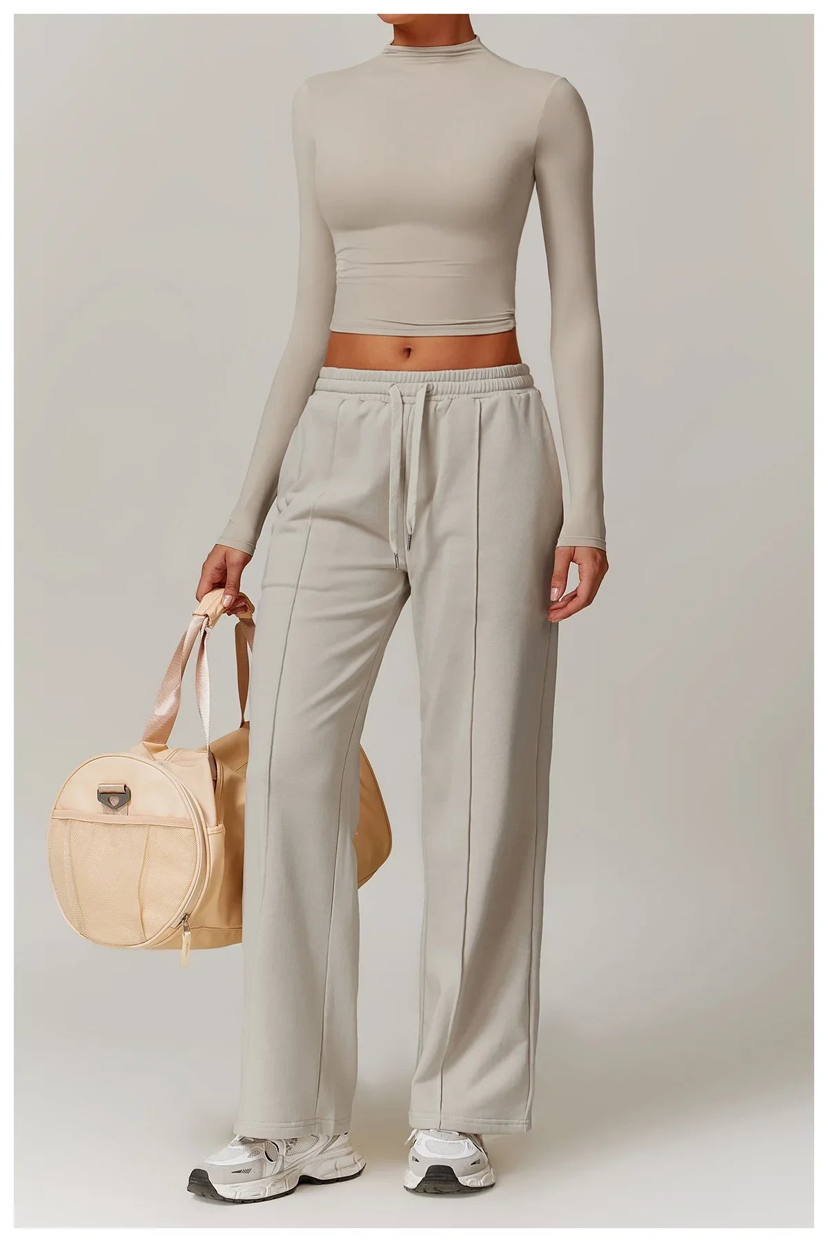 Women Clothes Yoga Set Long Sleeve High Neck Slim Shirt Top with High Waist Drawstring Sweatpants Sport Gym Running Fitness Suit