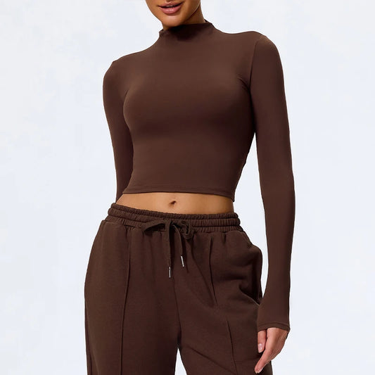 High Neck Long Sleeve Yoga Top – Seamless Stretch Gym Workout Shirt, Soft Compression Activewear