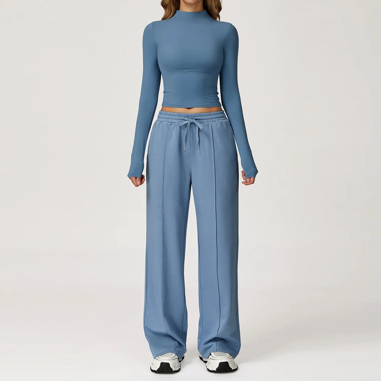 Women Clothes Yoga Set Long Sleeve High Neck Slim Shirt Top with High Waist Drawstring Sweatpants Sport Gym Running Fitness Suit