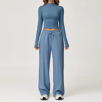 Women Clothes Yoga Set Long Sleeve High Neck Slim Shirt Top with High Waist Drawstring Sweatpants Sport Gym Running Fitness Suit