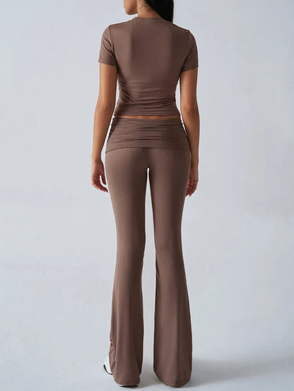 Women's Sexy Tops Suits 2025 Summer Latest Casual Solid Color Yoga Suit Slim Fit Sports Short Sleeved Pants Two-Piece Set Outfit