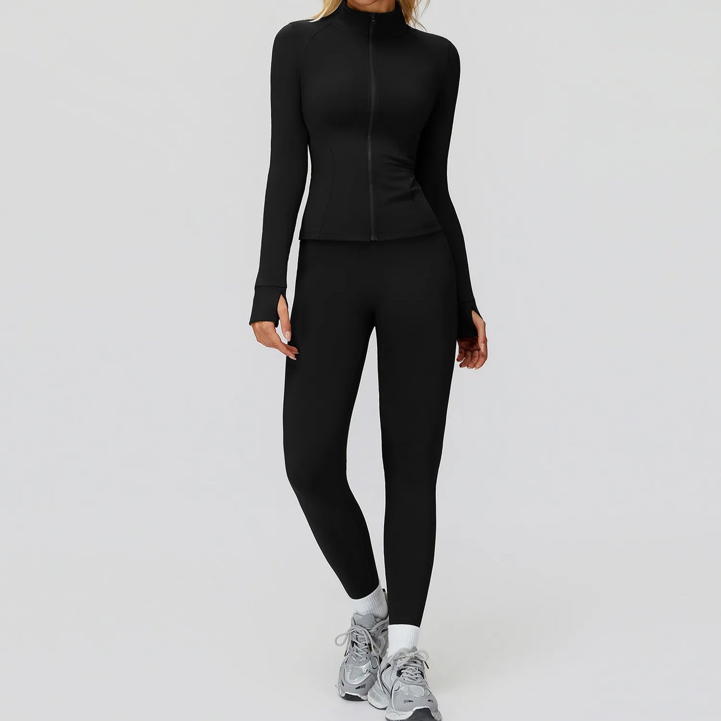 2Pcs Women's Long Sleeve Sports Jacket Zipper Gym Suit Outdoor Sportswear Yoga Workout Two-Piece Fitness Set Female Outfit