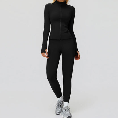 2Pcs Women's Long Sleeve Sports Jacket Zipper Gym Suit Outdoor Sportswear Yoga Workout Two-Piece Fitness Set Female Outfit