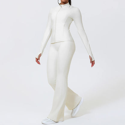 Women's Long Sleeve Sports Jacket with Pocket Outdoor Fall/Winter Gym Suit Yoga Workout Two-Piece Fitness Outfit Female