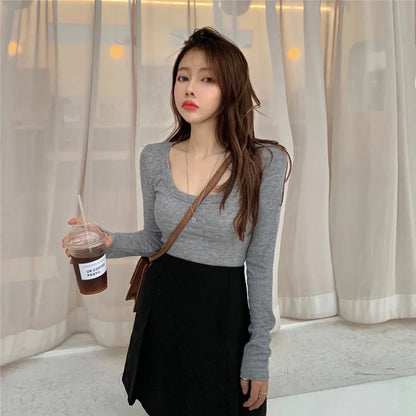 Fashion Square Collar Long Sleeve T-shirt for Women 2025 Spring Autumn New Slim Short Tops Solid Casual Thin Bottoming Shirt
