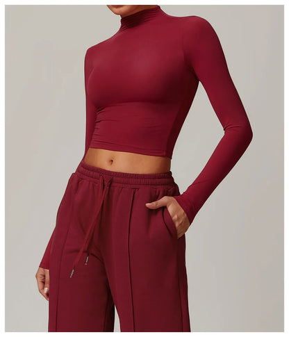 Women Clothes Yoga Set Long Sleeve High Neck Slim Shirt Top with High Waist Drawstring Sweatpants Sport Gym Running Fitness Suit