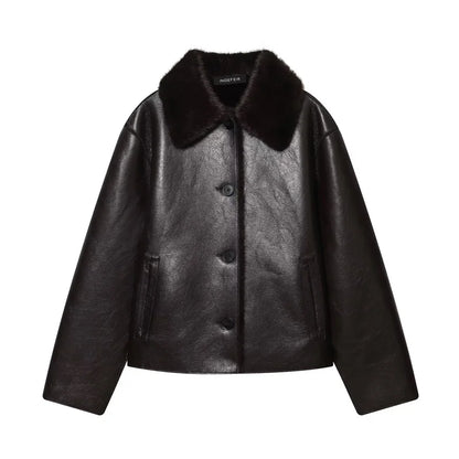 Women's Jacket 2025 Autumn/Winter New Arrivals Dark Brown Long-Sleeve Faux Leather Reversible Jacket Stylish and Unique