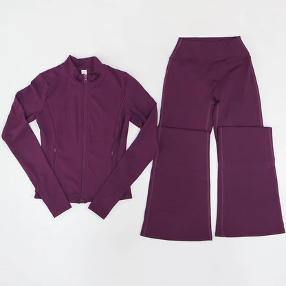 Women's Long Sleeve Sports Jacket with Pocket Outdoor Fall/Winter Gym Suit Yoga Workout Two-Piece Fitness Outfit Female