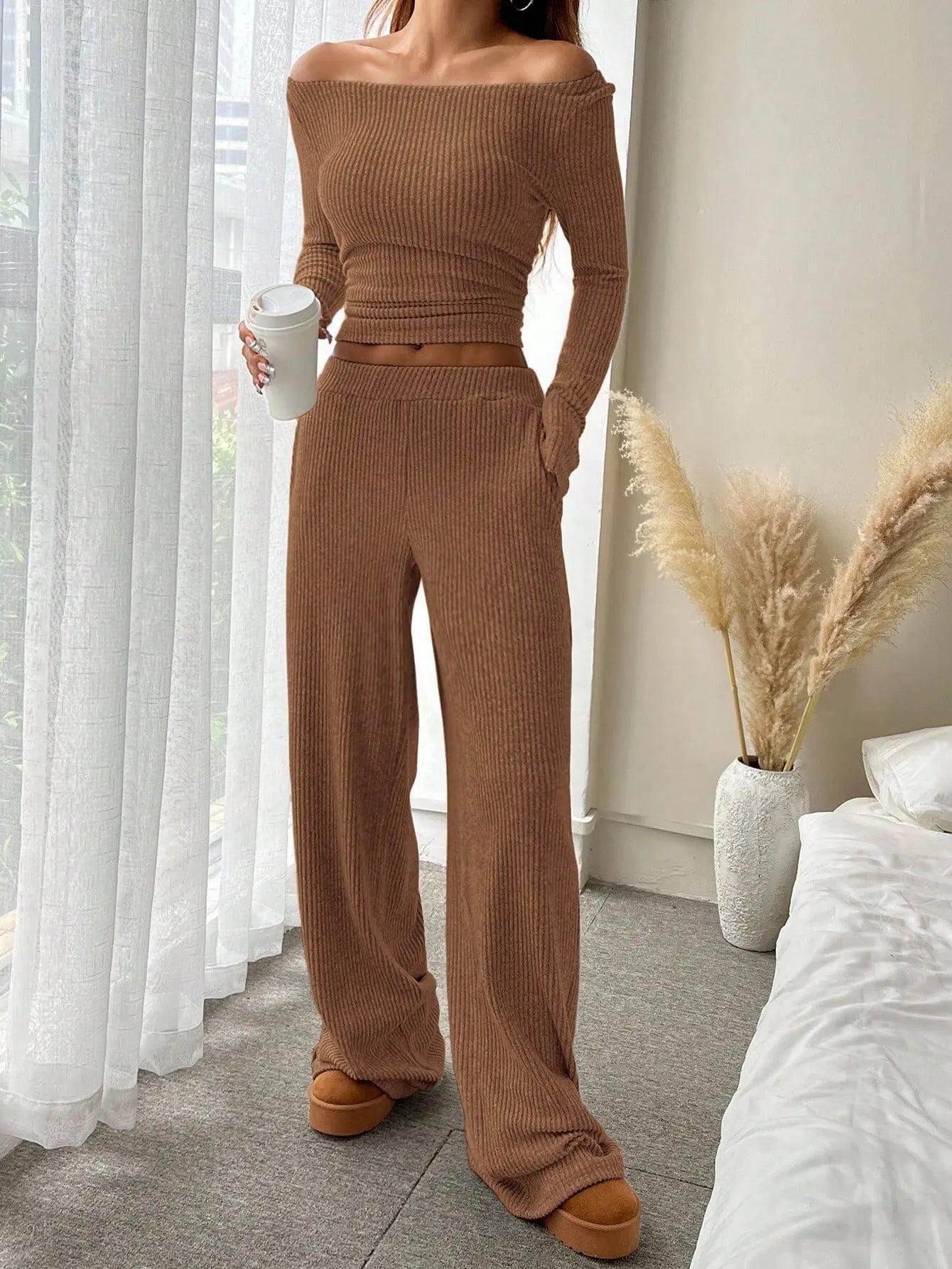 Two Pieces Women Pant Sets Solid Matching Set Long Sleeves Top Elastic Waist Wide Leg Pant Slim Fit Casual 2025 Autumn Winter