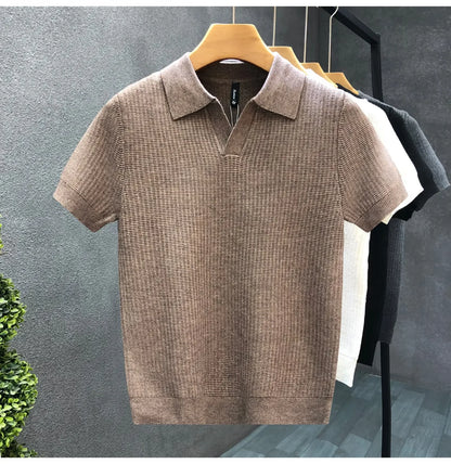 Casual Knitted Polo Shirt Men's Short Sleeve Cuban Collar T-Shirt Summer Fashion Individualistic Turn-down Collar Male Top