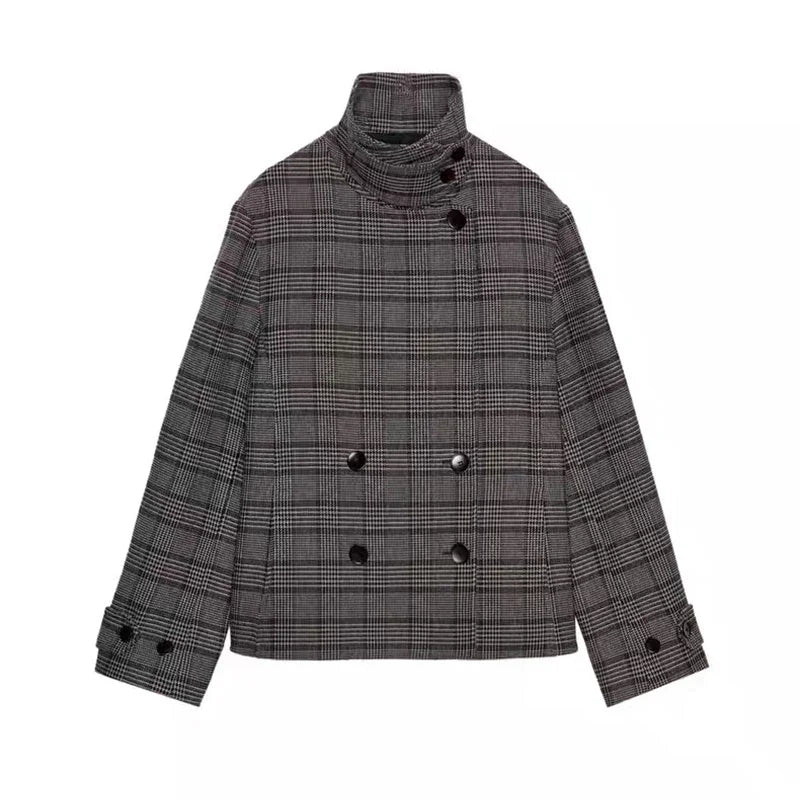 Elegant Plaid Double Breasted Woolen Coat