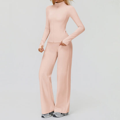 2Pcs Women's Long Sleeve Sports Jacket Zipper Gym Suit Outdoor Sportswear Yoga Workout Two-Piece Fitness Set Female Outfit