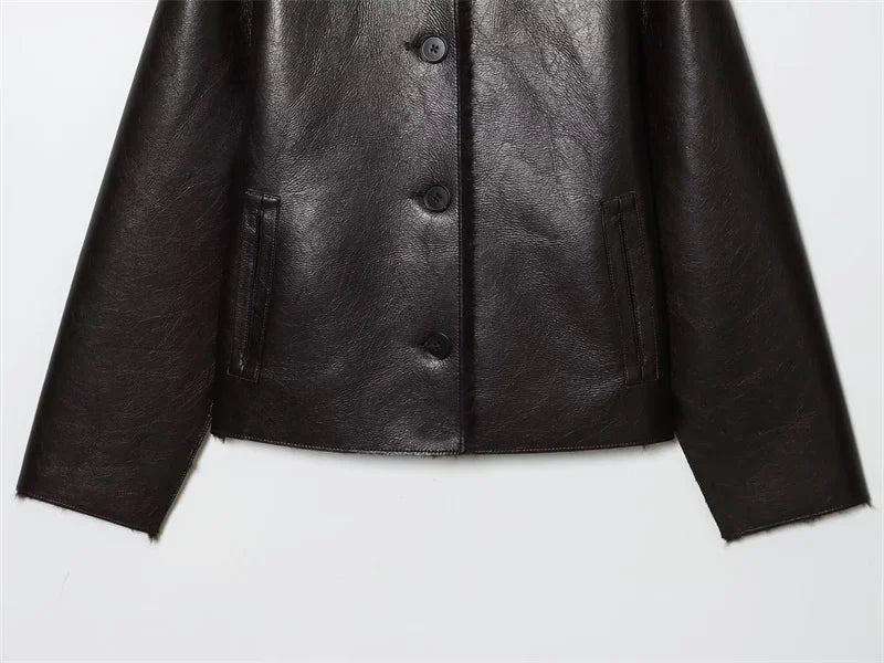 Women's Jacket 2025 Autumn/Winter New Arrivals Dark Brown Long-Sleeve Faux Leather Reversible Jacket Stylish and Unique