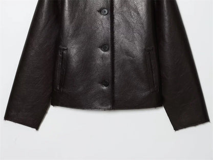 Women's Jacket 2025 Autumn/Winter New Arrivals Dark Brown Long-Sleeve Faux Leather Reversible Jacket Stylish and Unique
