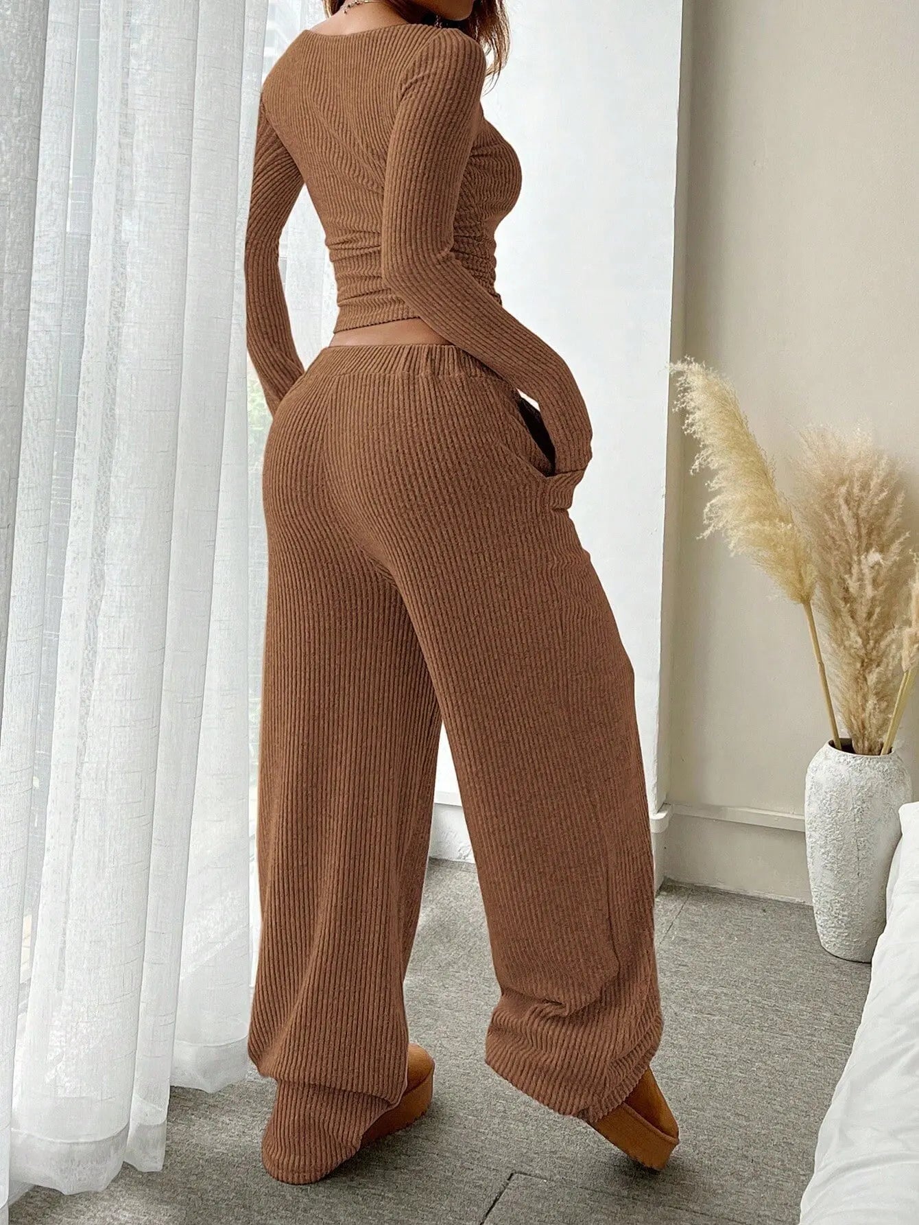 Two Pieces Women Pant Sets Solid Matching Set Long Sleeves Top Elastic Waist Wide Leg Pant Slim Fit Casual 2025 Autumn Winter