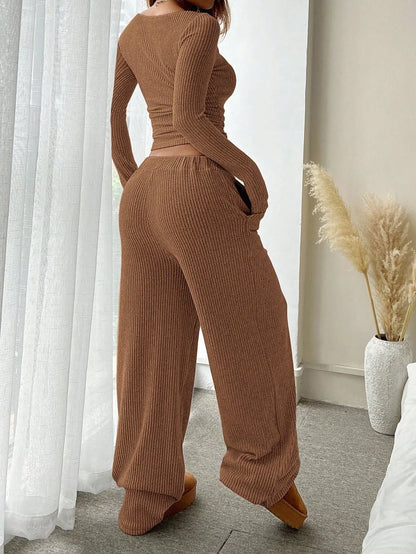 Two Pieces Women Pant Sets Solid Matching Set Long Sleeves Top Elastic Waist Wide Leg Pant Slim Fit Casual 2025 Autumn Winter