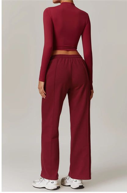 Women Clothes Yoga Set Long Sleeve High Neck Slim Shirt Top with High Waist Drawstring Sweatpants Sport Gym Running Fitness Suit