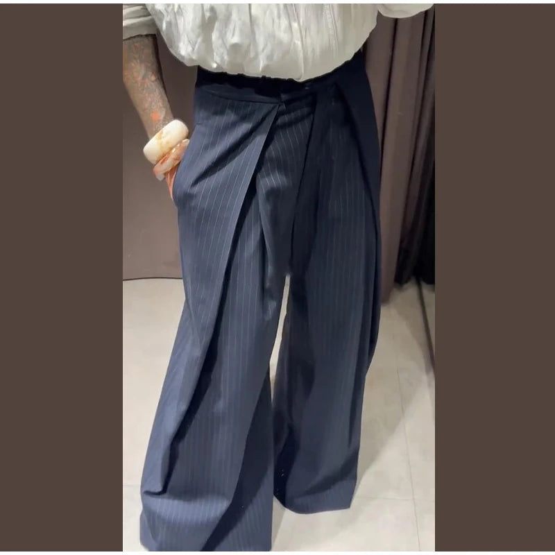 Fashion Chic Irregular Striped Long Pants For Women High Waist Loose Trouser 2025 Autumn Winter Fashion Female Daily Casual Pant