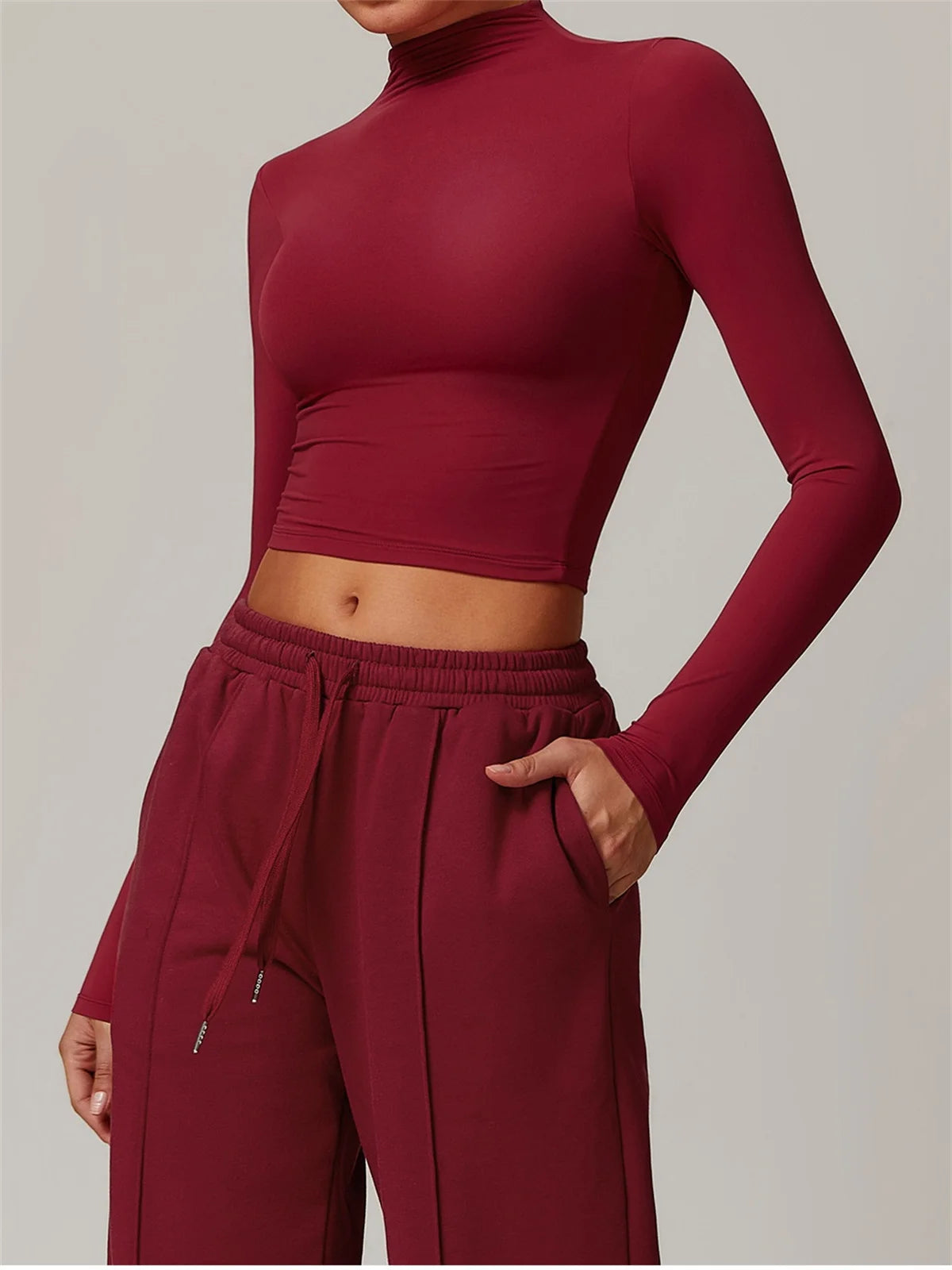 Women Clothes Yoga Set Long Sleeve High Neck Slim Shirt Top with High Waist Drawstring Sweatpants Sport Gym Running Fitness Suit