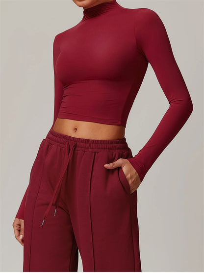 Women Clothes Yoga Set Long Sleeve High Neck Slim Shirt Top with High Waist Drawstring Sweatpants Sport Gym Running Fitness Suit