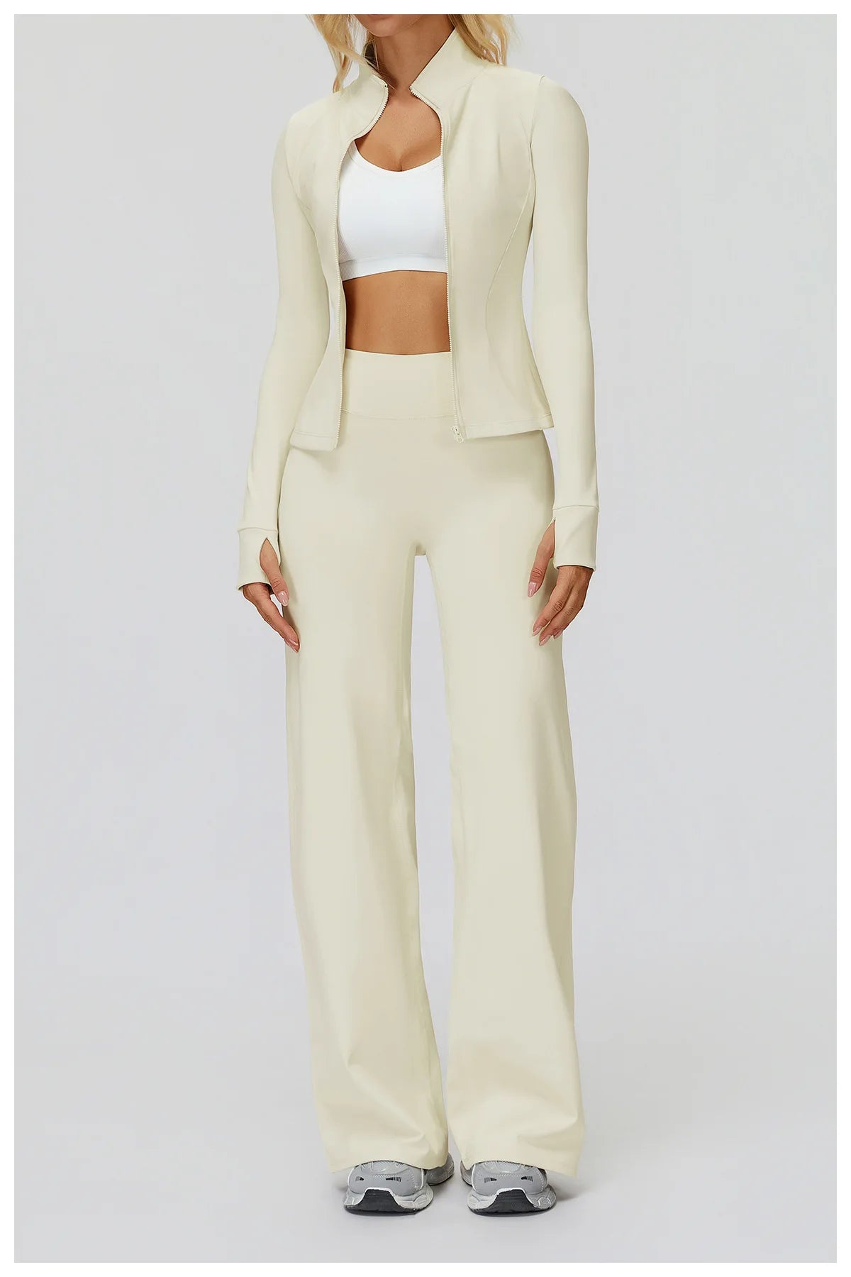 2Pcs Women's Long Sleeve Sports Jacket Zipper Gym Suit Outdoor Sportswear Yoga Workout Two-Piece Fitness Set Female Outfit