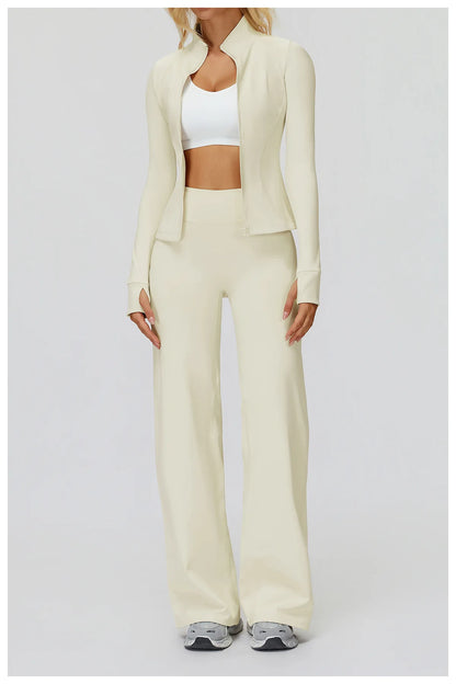 2Pcs Women's Long Sleeve Sports Jacket Zipper Gym Suit Outdoor Sportswear Yoga Workout Two-Piece Fitness Set Female Outfit