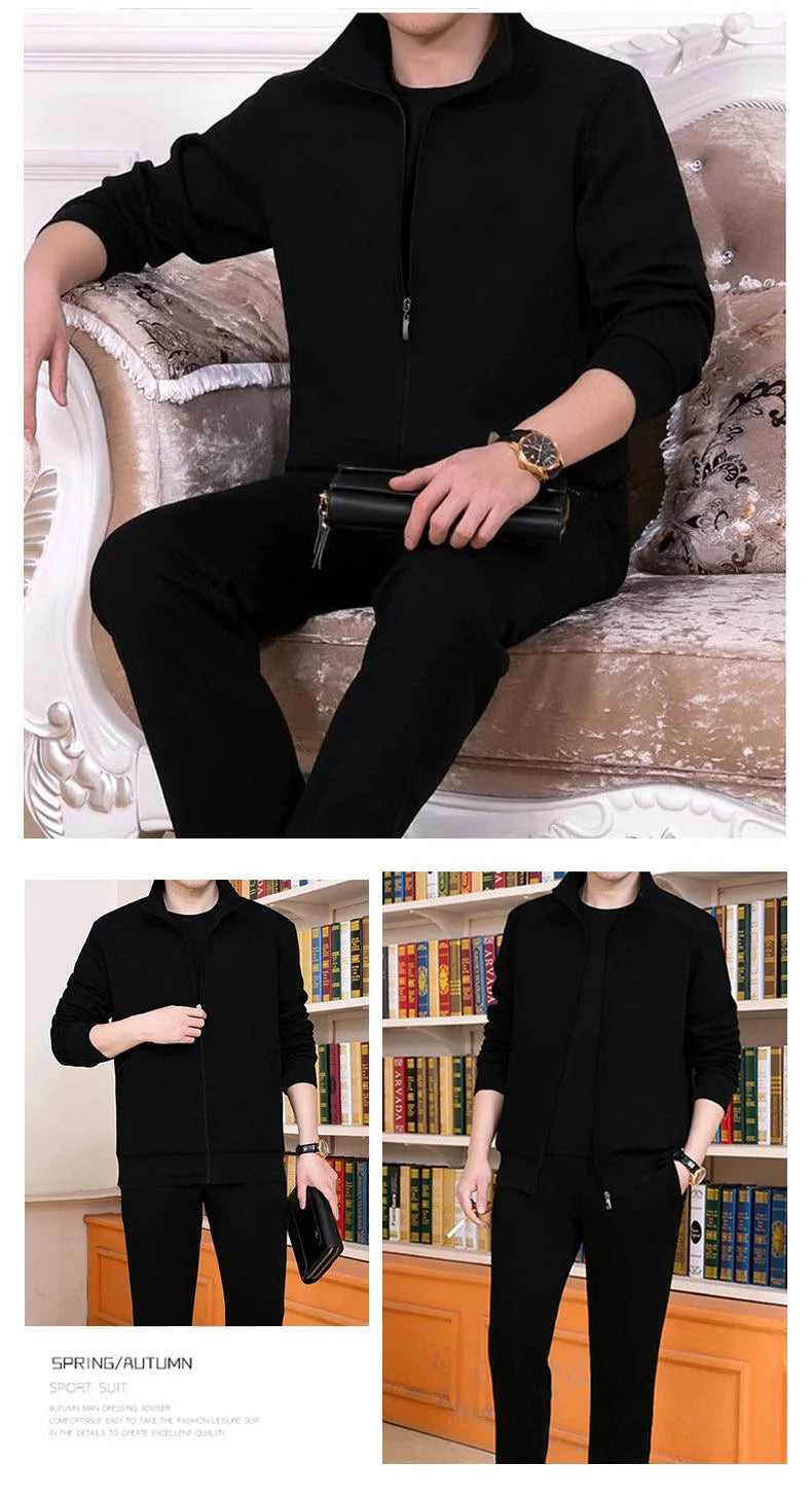 Middle aged and elderly men's two-piece casual wear and sportswear set, long sleeved set, public edition solid color cardigan to