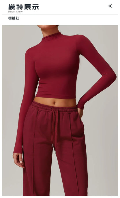 Women Clothes Yoga Set Long Sleeve High Neck Slim Shirt Top with High Waist Drawstring Sweatpants Sport Gym Running Fitness Suit