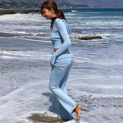 Ribbed Knit Tracksuit – Slim Hooded Crop Top & High-Waist Flare Pants (2-Piece Set)