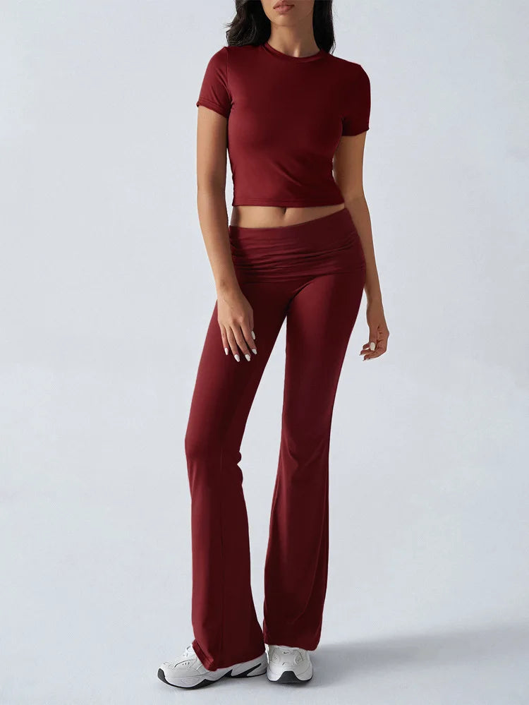 Women's Sexy Tops Suits 2025 Summer Latest Casual Solid Color Yoga Suit Slim Fit Sports Short Sleeved Pants Two-Piece Set Outfit